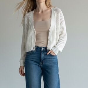 American Eagle Boxy Cropped Oversized Open Knit Button V Neck Cardigan Sweater